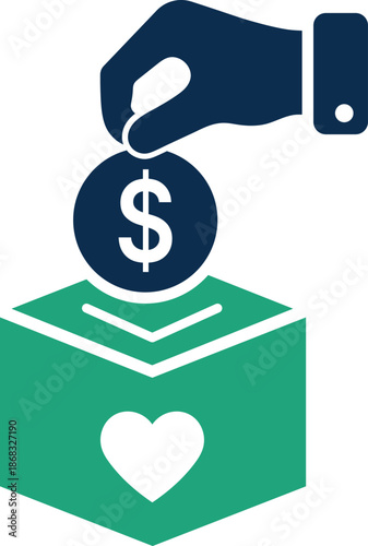 Hand dropping dollar coin into donation box with heart symbol giving charity