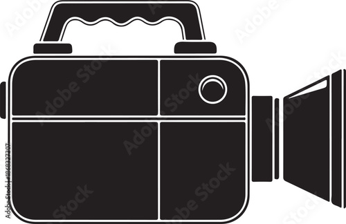 Black and white illustration of an open lunchbox with handle