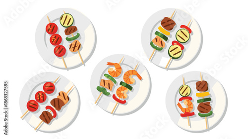 A collection of five plates with grilled skewers of meat, shrimp, and vegetables, presented on white plates.