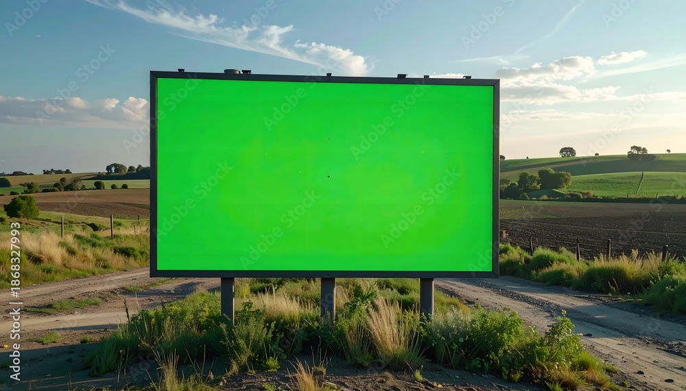 Obraz premium Green screen billboard in a rural landscape with rolling hills and blue sky