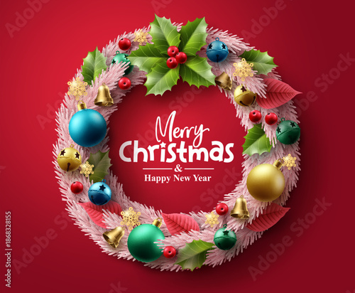 Merry Christmas and happy new year realistic festive wreath with blue baubles and holly leaves on red background