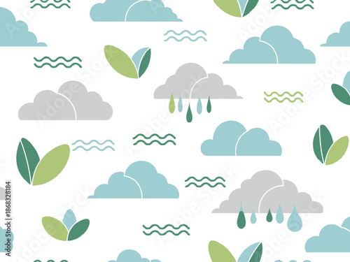 Seamless pattern of stylized clouds raindrops waves and leaves on white