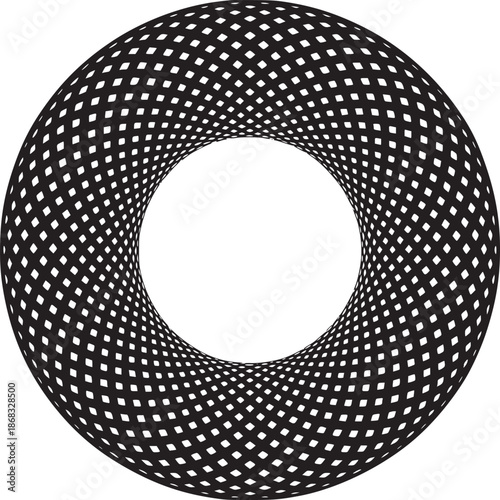 Abstract torus shape with black and white checkered pattern on a plain white background surface design