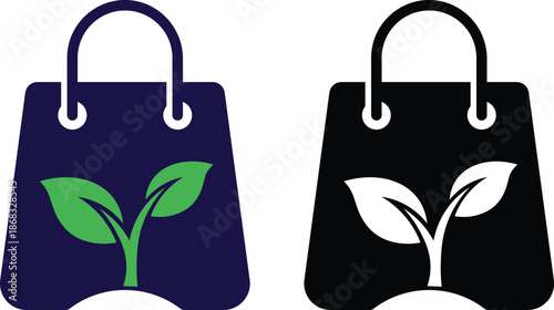 Two shopping bags one dark blue with green leaves one black with white leaves tote bag grocery bag