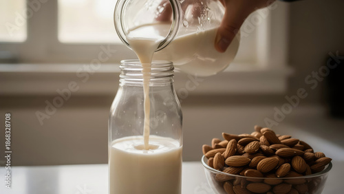 Pouring almond milk from a jar into a glass bottle beside a bowl of almonds on a kitchen counter Generative AI