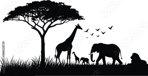 Serene african savannah scene with giraffe elephant and lion under a tree