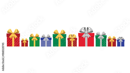 A line of various gift boxes in different sizes and colors, adorned with bows, indicating presents for any occasion.