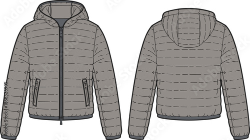 Hooded, puffer, jacket, winter, padded, outerwear, clothing, fashion, apparel, technical, flat, drawing, vector, illustration, warm, garment, quilted, coat, front, back