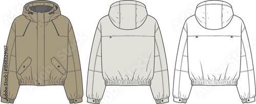 Hooded winter jacket technical flat vector illustration, cad drawing for fashion apparel design manufacturing reference front back view production template