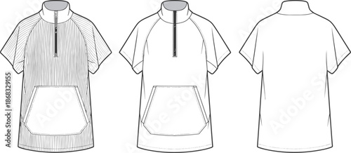 Men short sleeve half zip hoodie dress, technical fashion flat sketch, front back views, apparel cad drawing, vector illustration