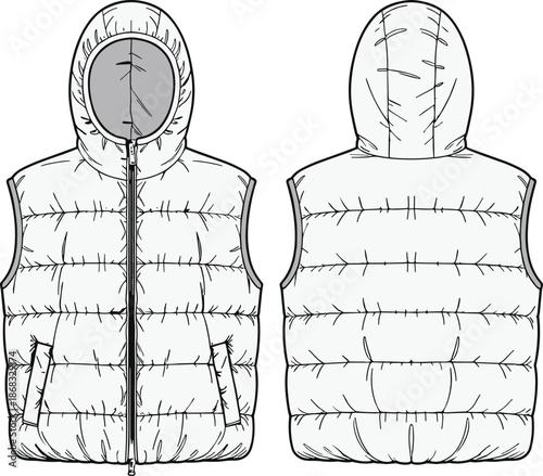 Men hooded puffer vest technical flat sketch, front back views, sleeveless winter jacket cad drawing vector illustration, fashion, apparel, design