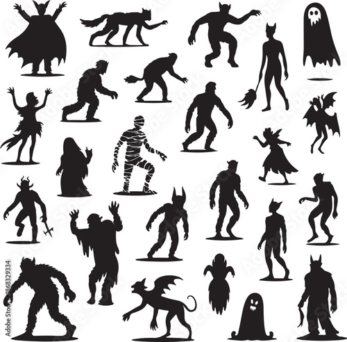 halloween monsters and creatures silhouettes collection