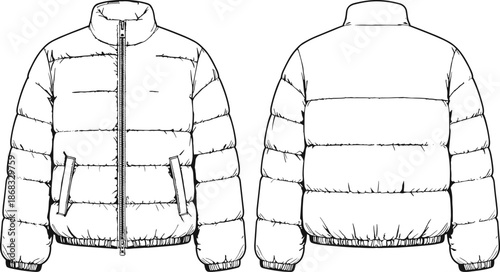 Puffer jacket fashion design, technical outerwear template, flat vector clothing illustration, apparel sketch drawing, front and back winter jacket view