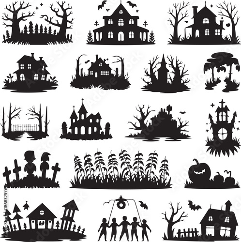 halloween silhouettes of houses trees and people
