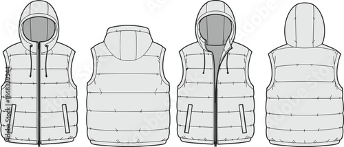 Puffer vest technical fashion flat sketch front back view hooded sleeveless jacket apparel design vector cad illustration