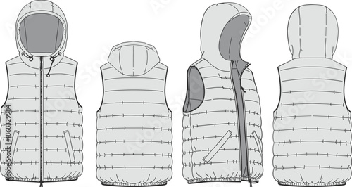 Puffer, vest, hooded, jacket, sleeveless, winter, outerwear, fashion, technical, flat, drawing, vector, illustration, apparel, design, garment, template, padded, clothing, sketch