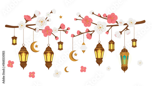 Branches with blossoms and lanterns, along with moons and stars, creating a festive Islamic Ramadan scene.