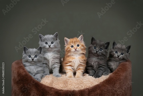 Adorable Group Of Five Kittens In A Soft Leopard Print Basket Looking Curious And Playful