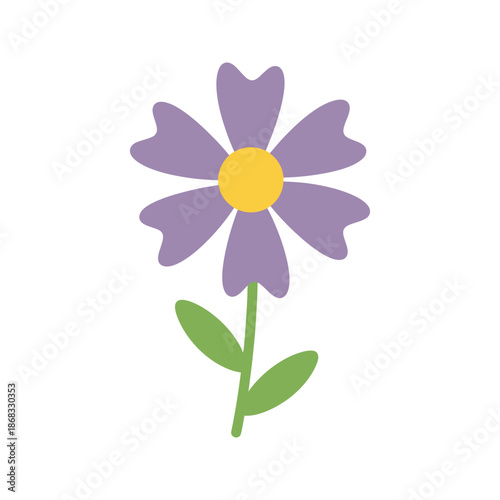 A simple purple flower with a yellow center and green leaves on a white background.