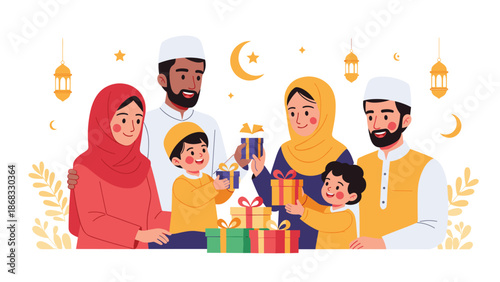 A diverse Muslim family and friends exchanging gifts during a festive celebration like Eid.