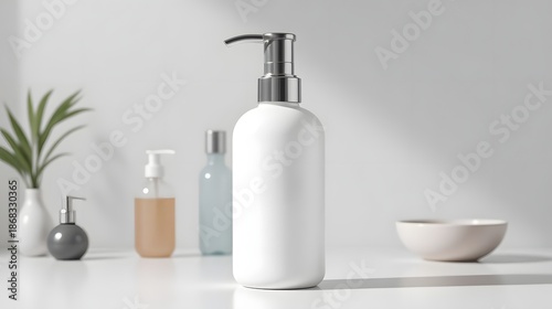 Modern bathroom essentials on white countertop with soap bottles