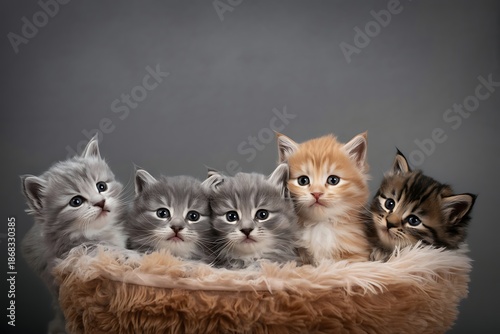 Adorable Group Of Five Kittens In A Soft Leopard Print Basket Looking Curious And Playful