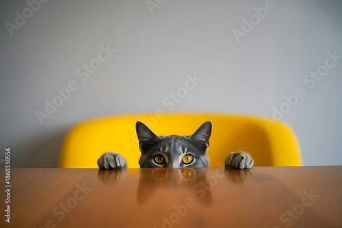 Curious Grey Cat Peeking Secretly Over Wooden Table