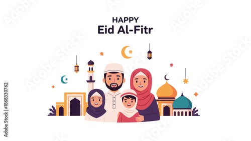 Happy Eid Al-Fitr celebration with a Muslim family, minarets, and crescent moon, symbolizing a joyous religious holiday.