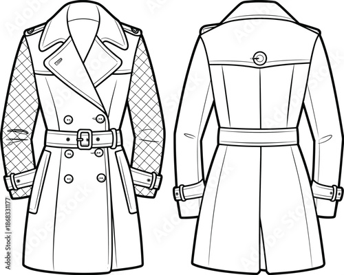 Stylish trench coat fashion flat, belted double breasted outerwear, quilted sleeve design vector, technical clothing template, apparel cad illustration sketch