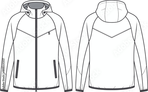 Sporty hooded jacket flat, technical apparel cad, unisex outerwear template, vector front and back view, professional fashion garment illustration design