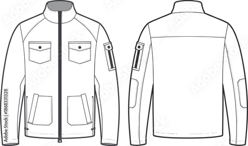 Technical jacket fashion design, vector outerwear template, flat clothing sketch illustration, apparel design drawing, front and back mens jacket view