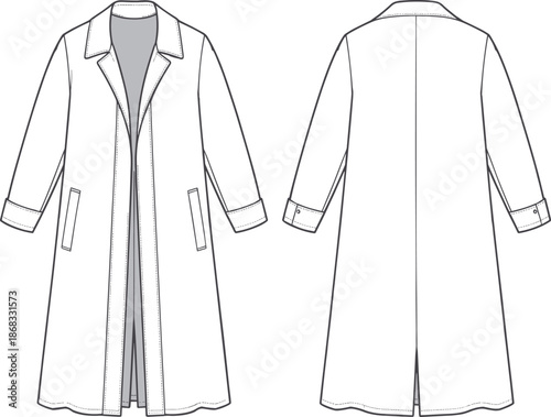 trench, coat, fashion, technical, flat, sketch, vector, illustration, apparel, design, outerwear, template, long, sleeve, lapel, jacket, clothing, line, drawing, mockup