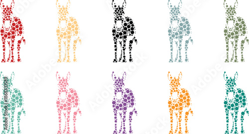 Colorful donkey silhouettes made of circles, Donkey animal circle mosaic silhouettes