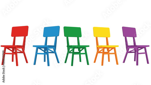 Colorful chairs arranged in a row against a white background