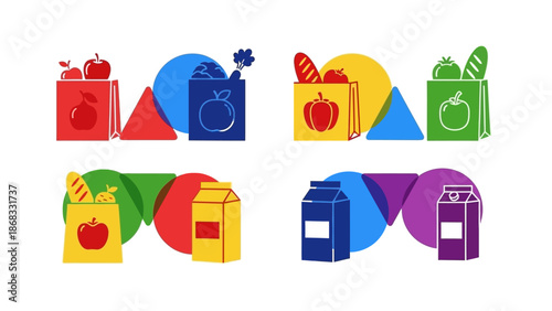 Colorful grocery bag illustrations fruits vegetables and dairy products