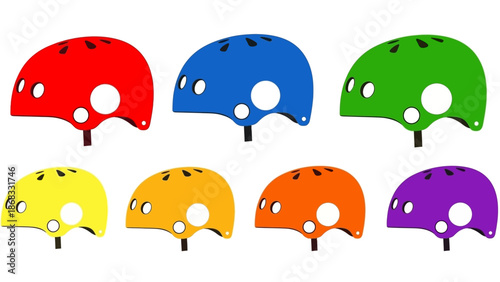 Colorful helmets arrayed on white background graphic for safety and design