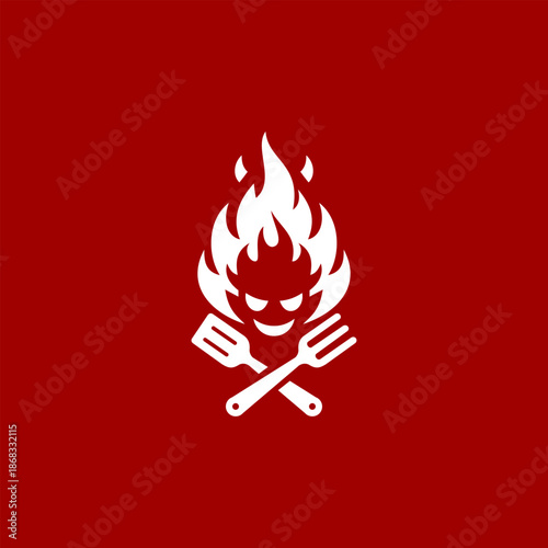 Spicy grill devil logo featuring a fiery character with crossed spatula and fork on a red background, bold flat vector icon