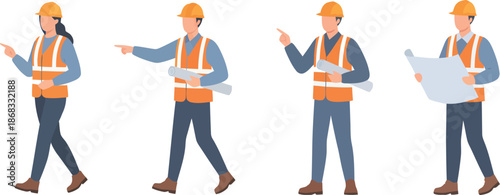 Set of construction workers and engineers in safety vests and hard hats pointing and holding blueprints