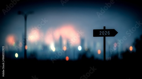 Vision for the future: A striking scene of a city's skyline at twilight, a signpost points towards the year 2026, offering a glimpse into the aspirations of the urban landscape.