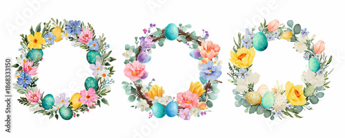 Watercolor spring wreath with Easter eggs and floral elements. Botanical round frame with pink flowers, perfect for spring and Easter designs.
