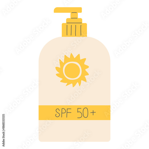 Sunscreen bottle with pump dispenser SPF 50 plus, flat vector illustration of sun protection lotion.Modern flat design with hand drawn elements perfect for infographics, health blogs and social media