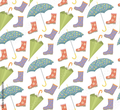 Seamless pattern with colorful umbrellas and rubber boots. Background with vibrant rain accessories 