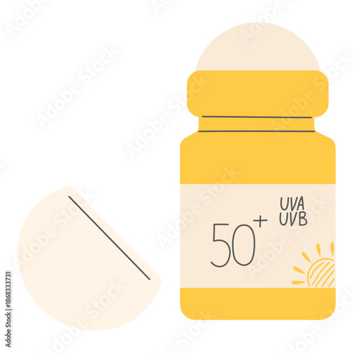 Sunscreen stick or roller for face and body protection, SPF 50 plus UVA UVB filters flat vector.Modern flat design with hand drawn elements perfect for infographics, health blogs and social media.