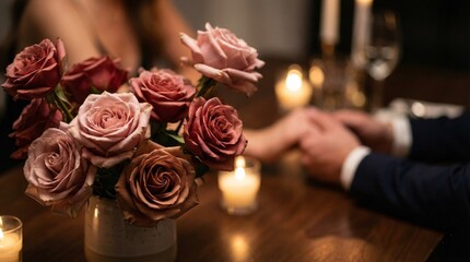 Romantic Candlelight Dinner with Roses and Wine, Intimate Valentine’s Day Love Scene for Couples, Elegant Wedding and Marriage Season Celebration Concept, Anniversary Romance, Fine Dining and Premium 