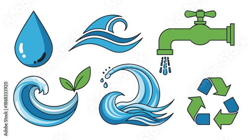 Illustration of water conservation elements including a faucet, recycling symbol, and wave patterns showcasing eco-friendly practices
