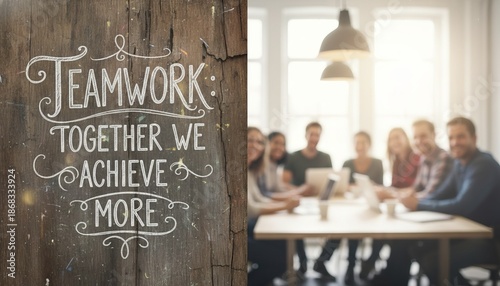 Motivational chalkboard quote on teamwork modern office environment closeup bokeh view of coworkers collaborating
