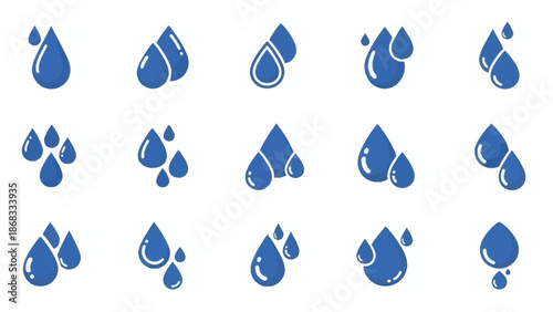 Collection of blue water droplet icons in various styles on a white background