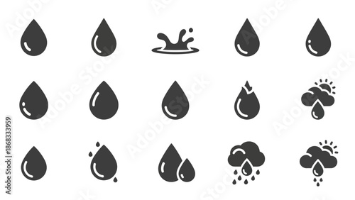 Collection of Droplet Icons Representing Liquid and Splashing Effects in Various Forms