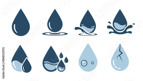 A set of water droplet icons in various shades of blue, depicting different stages of falling and splashing, on a white background, vector graphics, top view