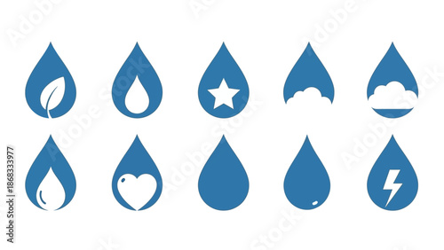 Collection of blue droplet icons representing various natural elements and symbols